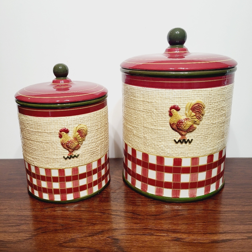 VTG Park Designs Rise N Shine Rooster Red Plaid Burlap Texture Canisters Set 2